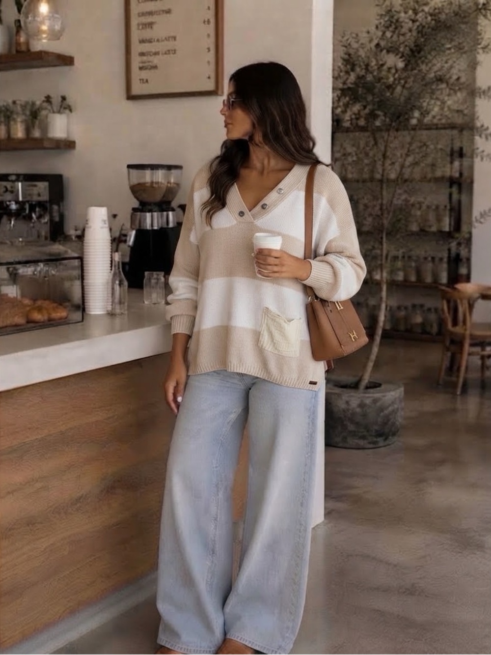Shannon Passero 100% Cotton Cream White Striped Oversized V-Neck Sweater Large